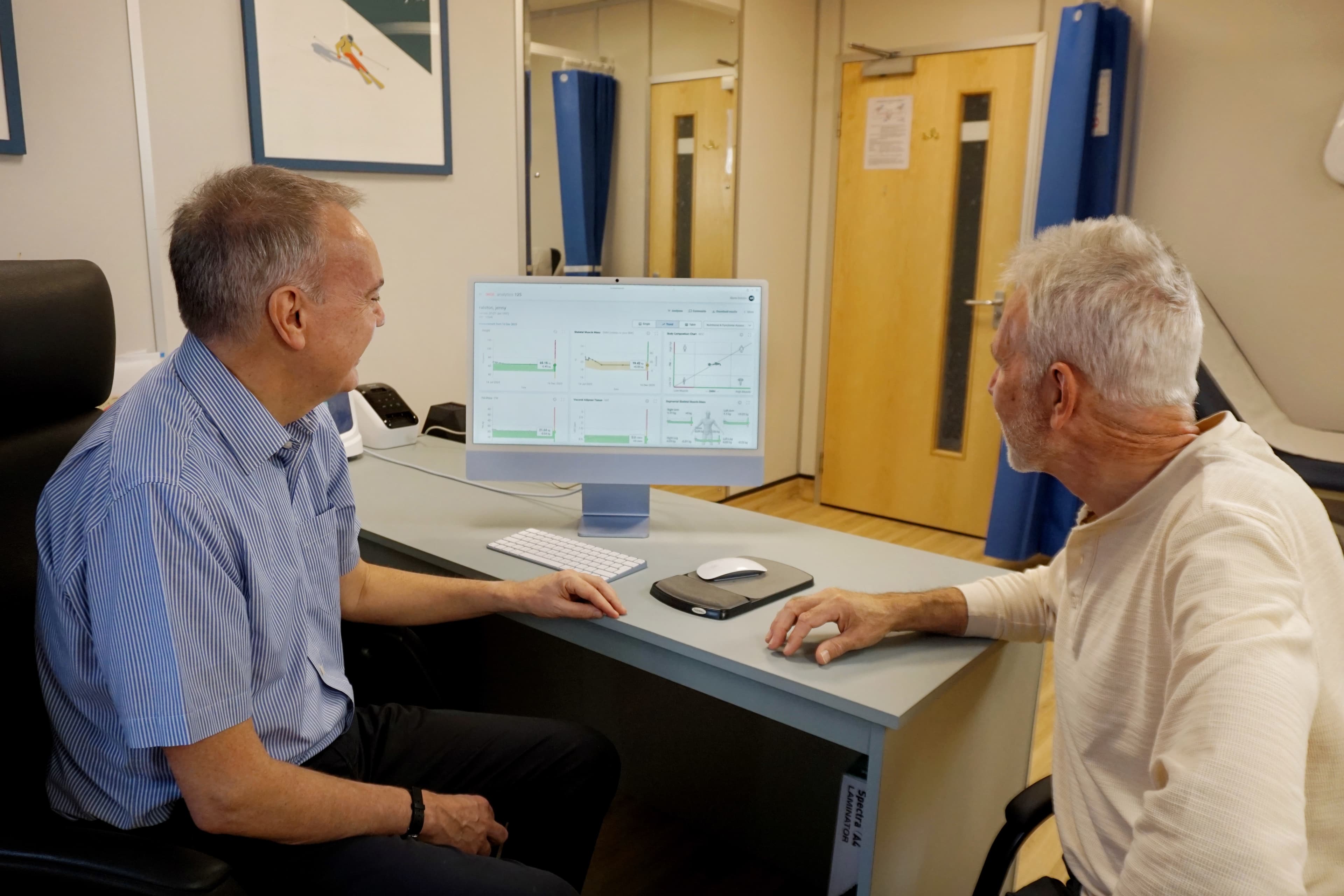 A HealthyAt100 review consultation with results on screen